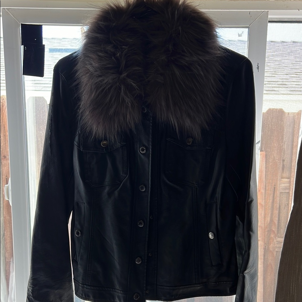 Guess Black Leather Jacket with Fur Collar